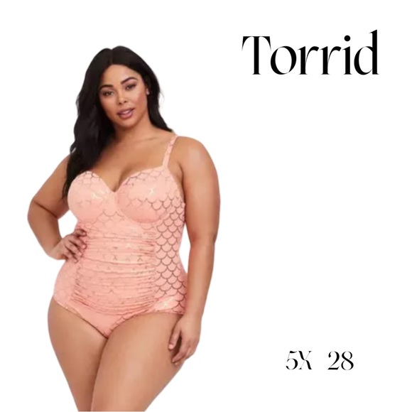 Torrid Coral Mermaid One-Piece Swimsuit w/ Gold Foil | Size 5X (28) Excellent UC - Picture 2 of 9